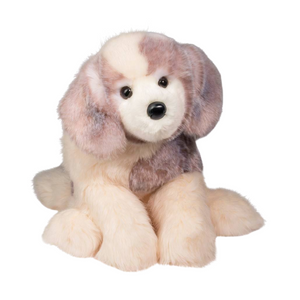 Plush dog toy with a checkered pattern on a white background