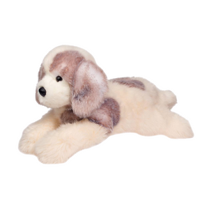 Plush dog toy with brown and beige fur on a white background