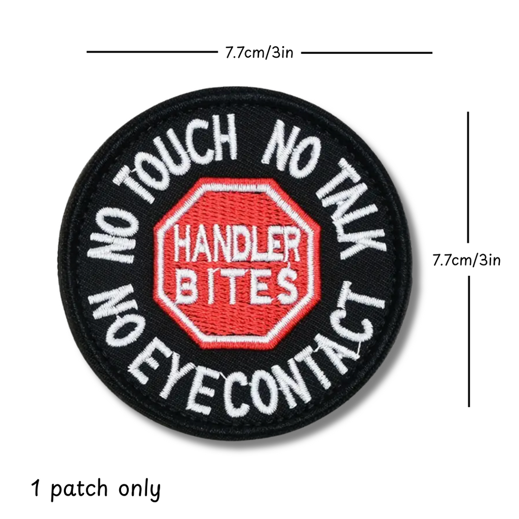 Round patch with text and a red stop sign symbol, dimensions shown.