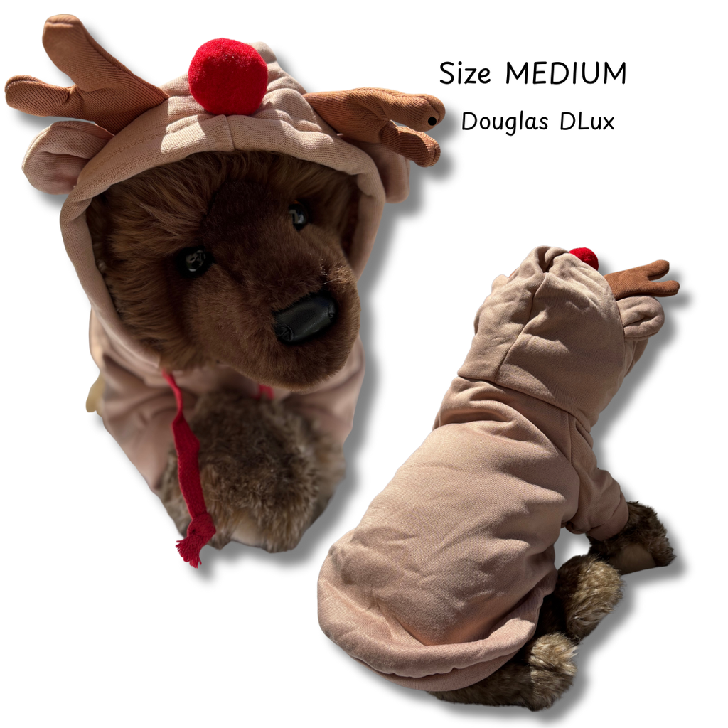 Plush reindeer costume with size label and brand name on a white background
