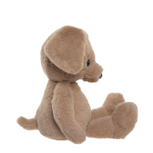 Brown plush dog toy on a white background