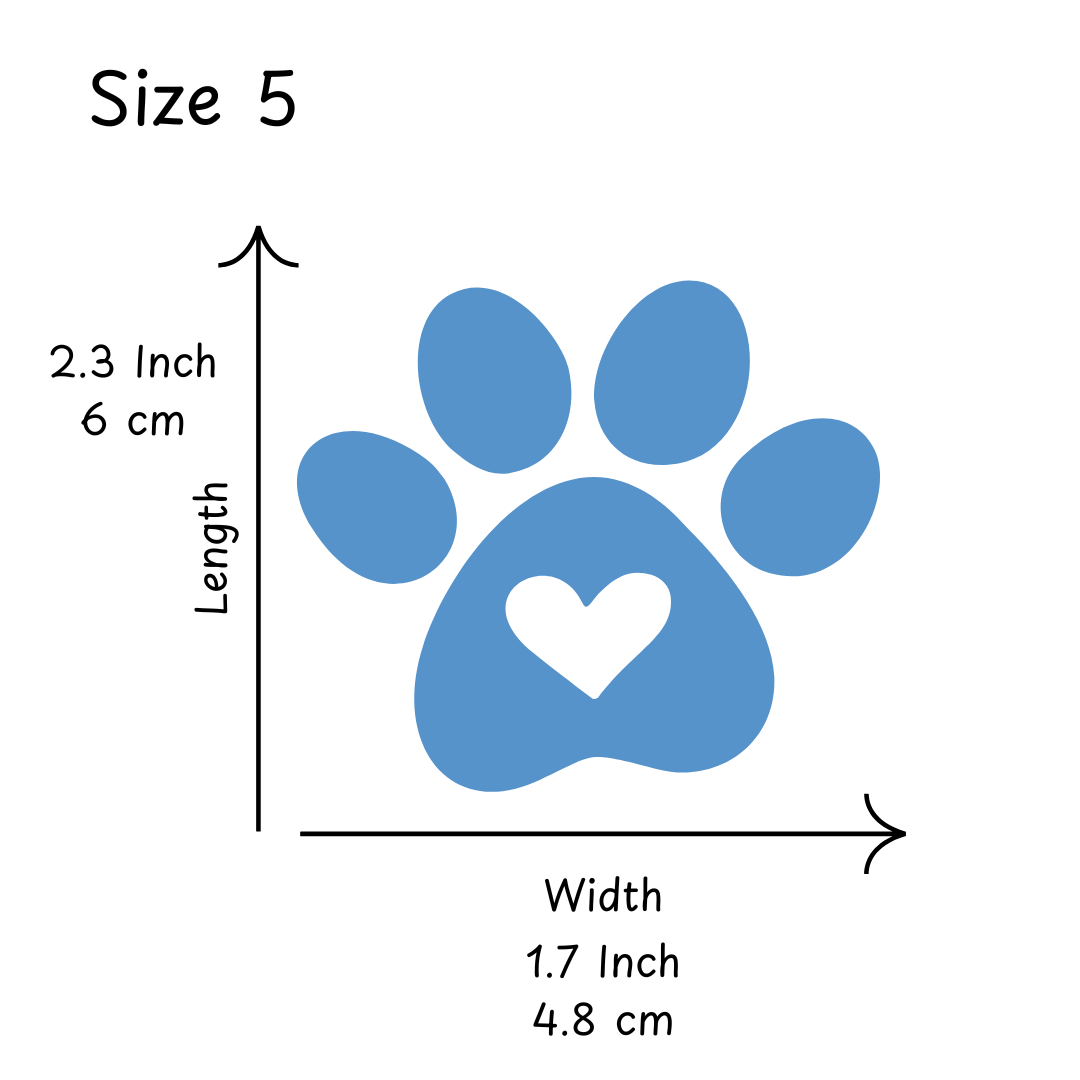 Blue paw print with a heart in the center, labeled as Size 5 with measurements on a white background.