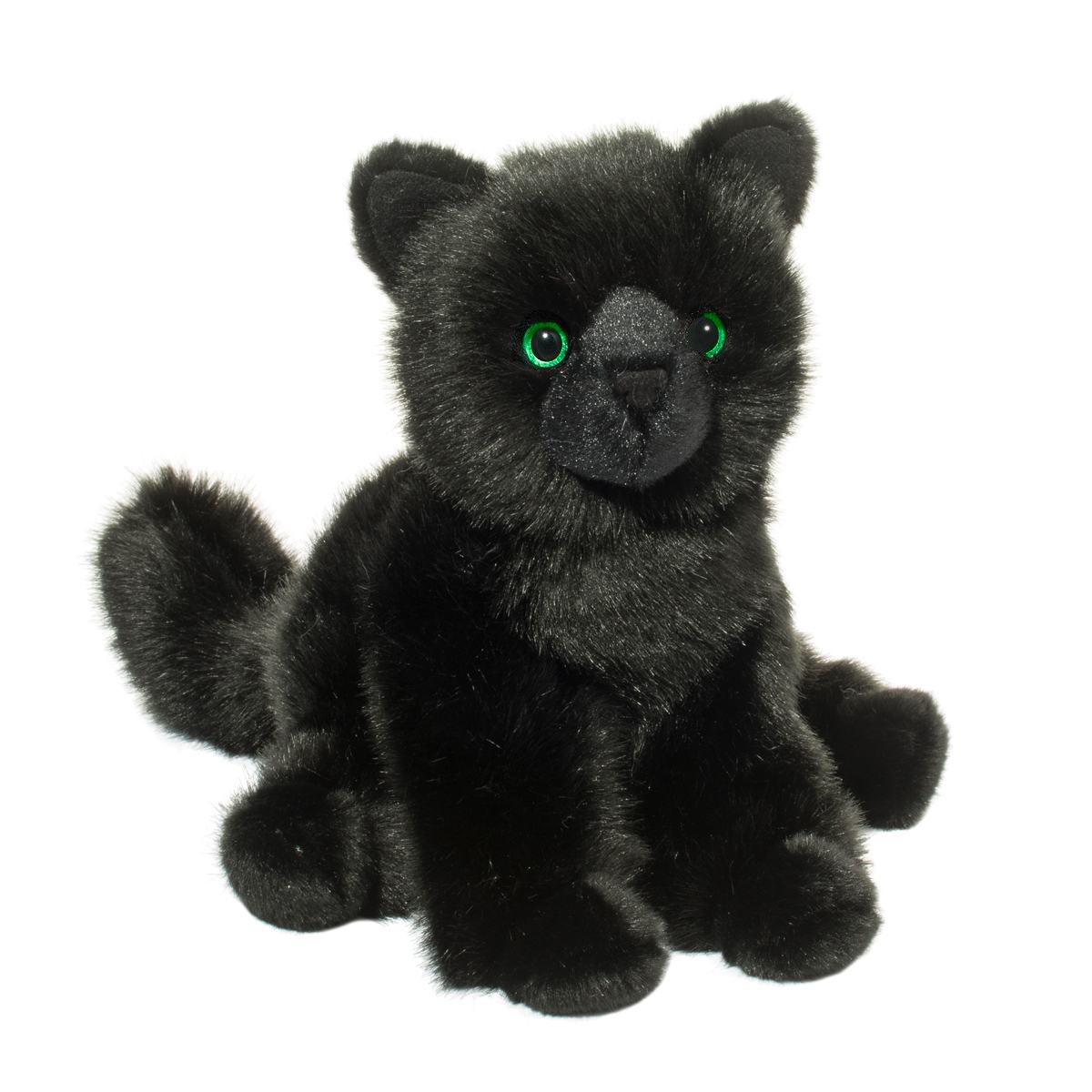 Plush black cat toy with green eyes on a white background
