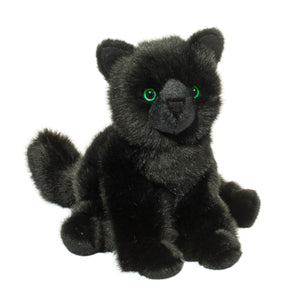 Plush black cat toy with green eyes on a white background