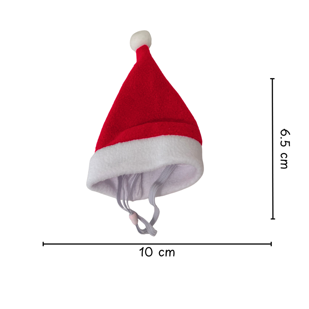Red Santa hat with white trim on a white background, showing measurements.