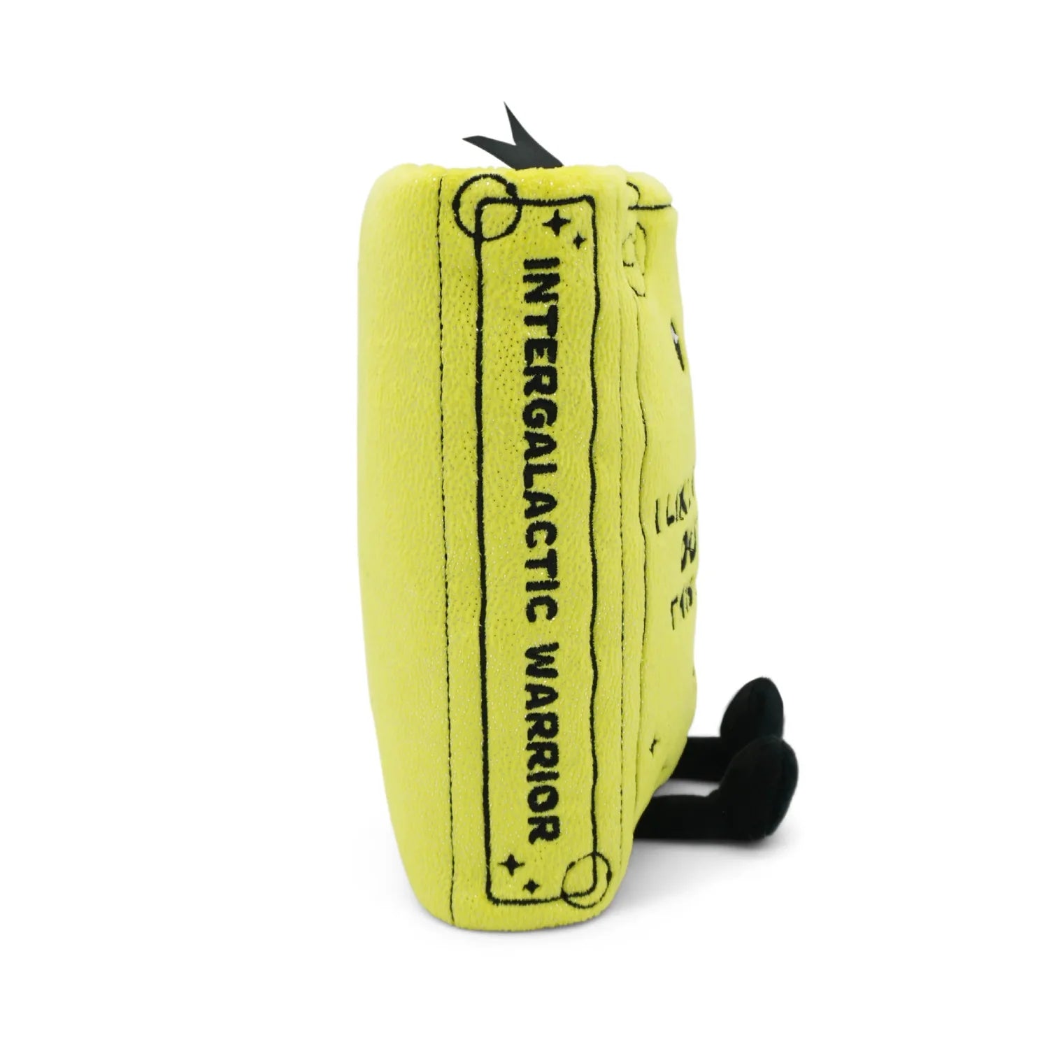 Yellow plush toy with 'Intergalactic Warrior' text on a white background