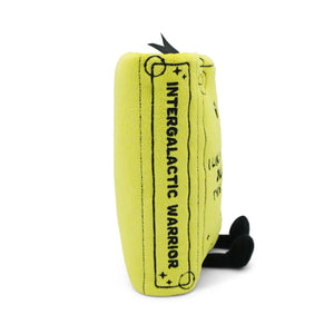 Yellow plush toy with 'Intergalactic Warrior' text on a white background