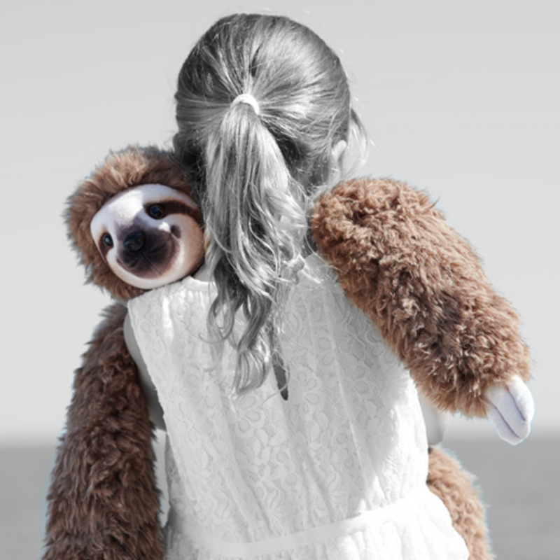 Person holding a stuffed animal with Wild Republic branding and mission text.