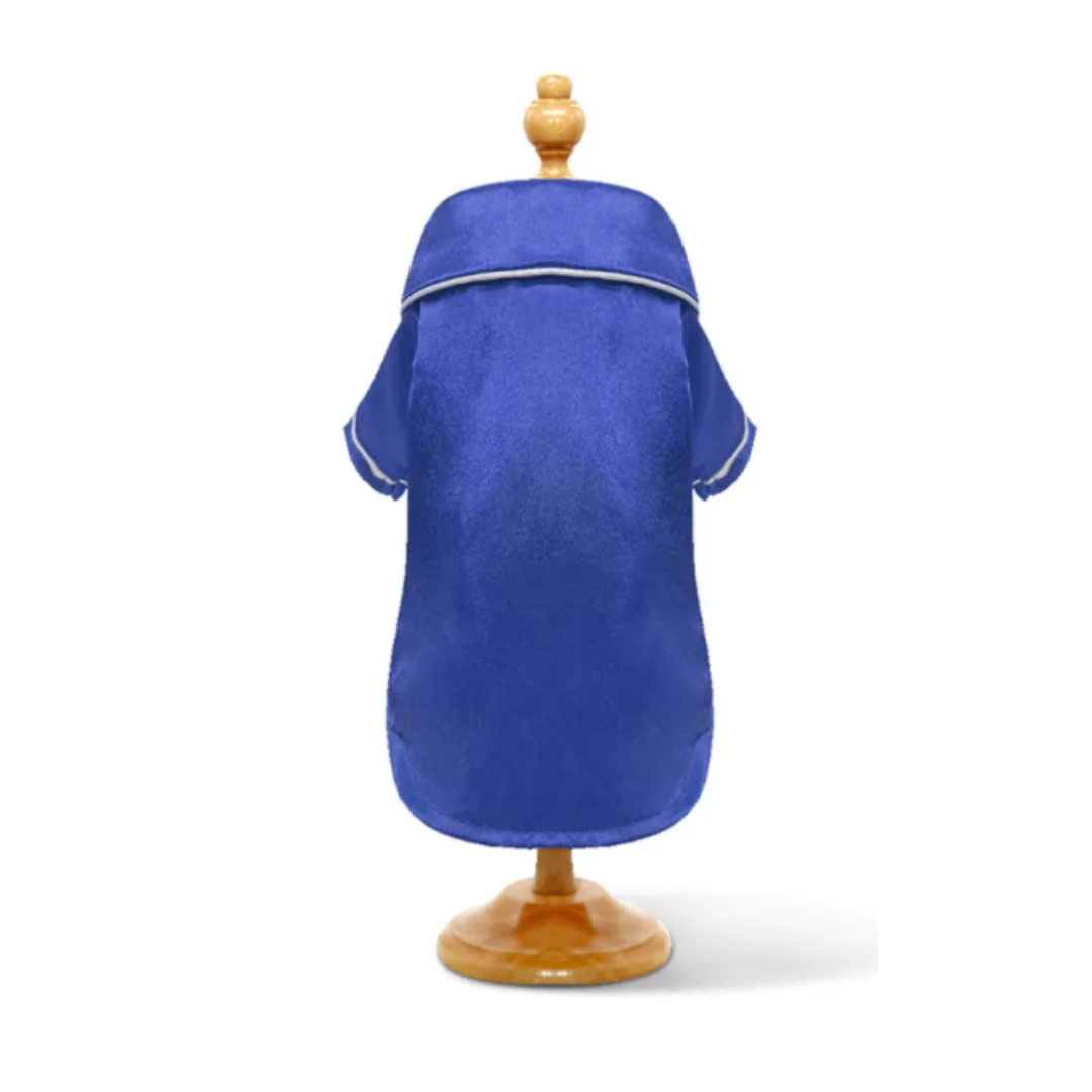 Blue robe on a wooden mannequin against a white background