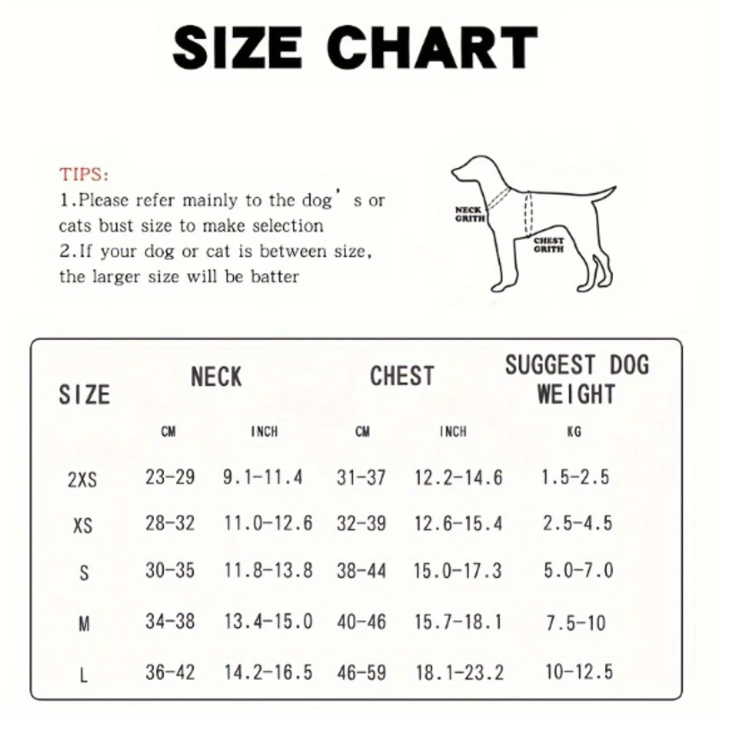 Size Chart for soft pet harness