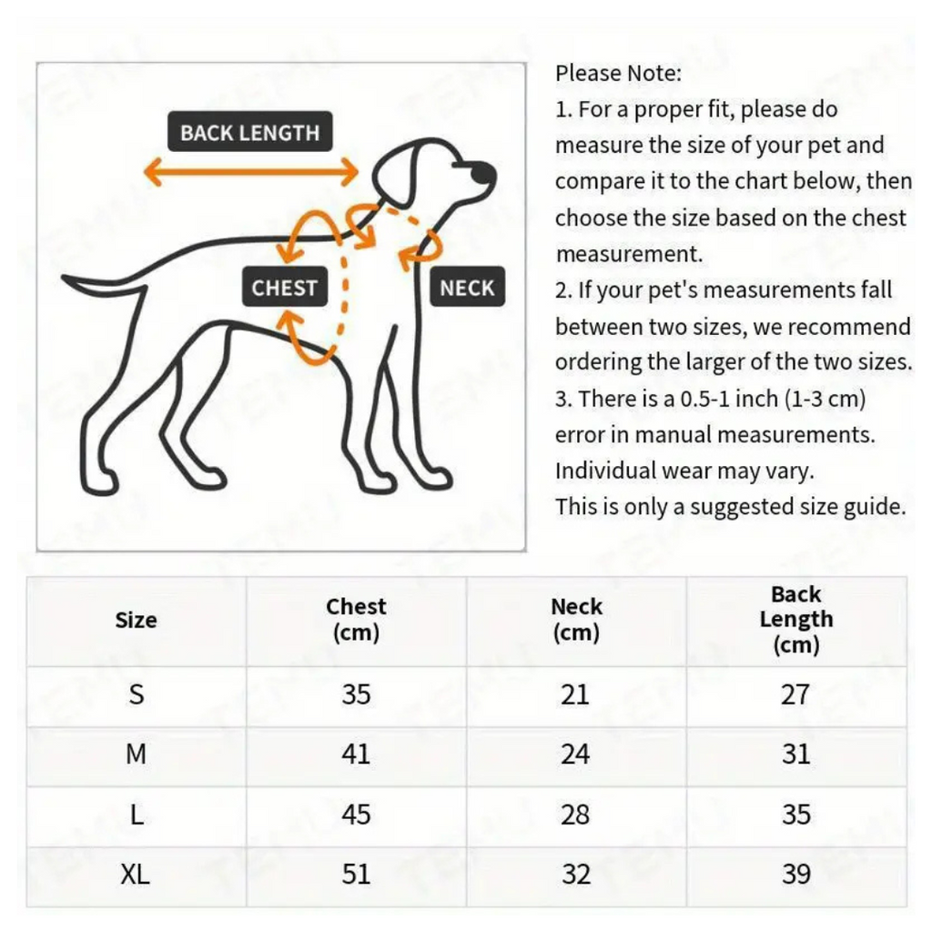 Size chart for dog pyjamas