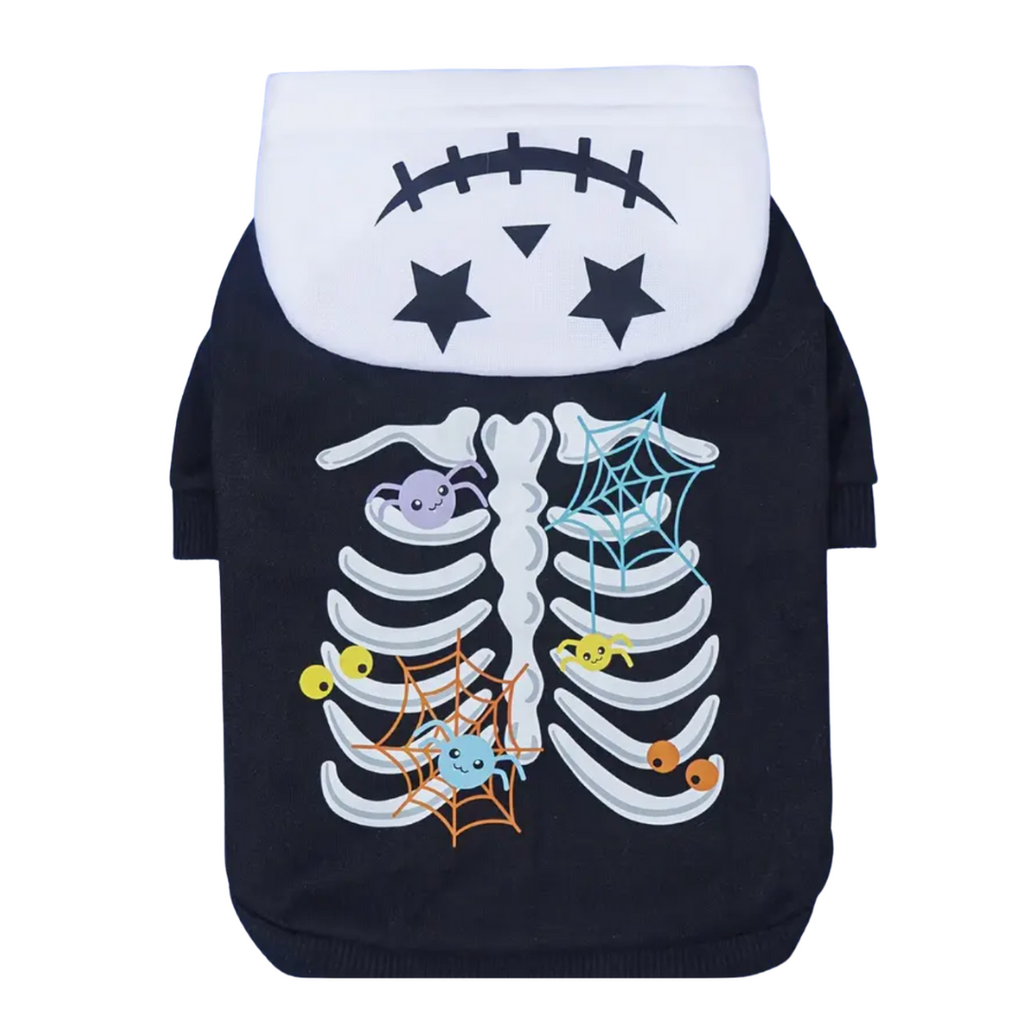 Black pet Halloween costume with skeleton design on a white background