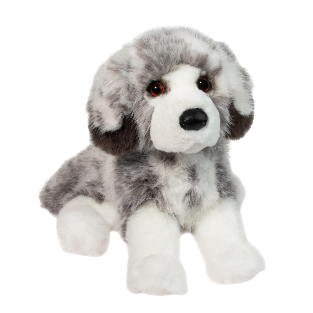 Plush toy dog with gray and white fur on a white background
