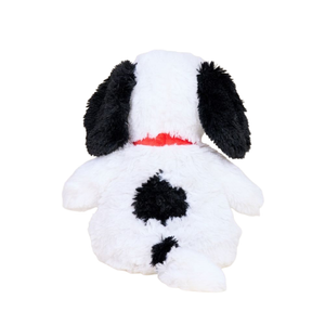 Plush toy dog with black spots and a red collar on a white background
