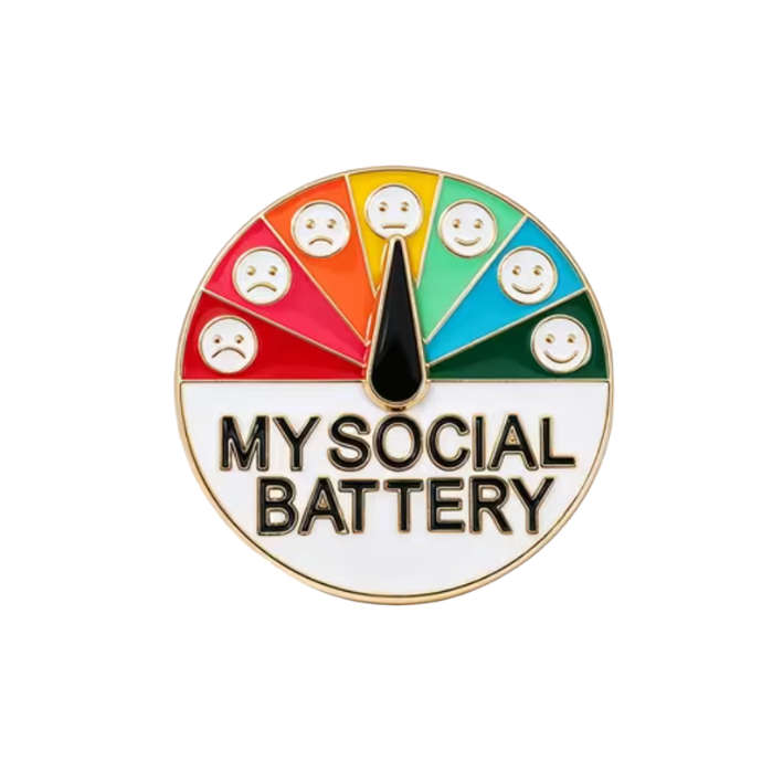 Pin with colorful battery design and 'My Social Battery' text on a white background