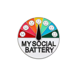 Pin with a colorful battery gauge labeled 'My Social Battery' on a white background