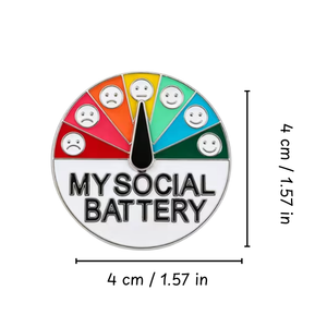 Colorful battery icon with smiley faces labeled 'My Social Battery' and dimensions on a white background