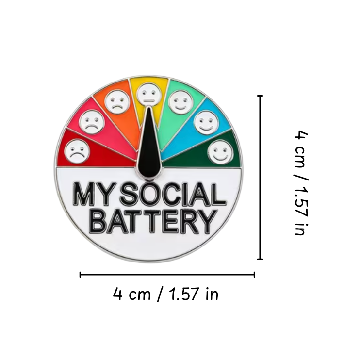 Colorful battery icon with smiley faces labeled 'My Social Battery' and dimensions on a white background