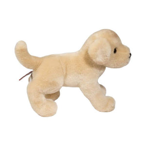 Beige plush dog toy on a white background