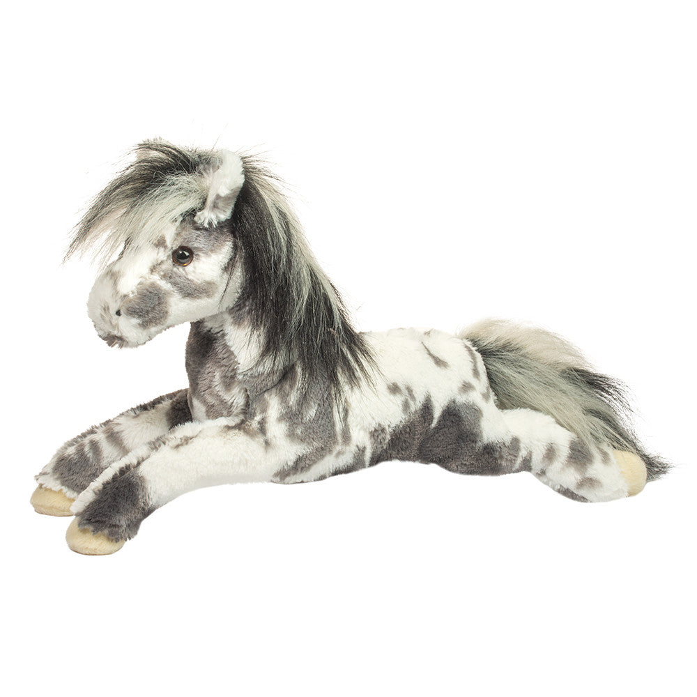 Plush toy horse with a gray and white pattern on a white background