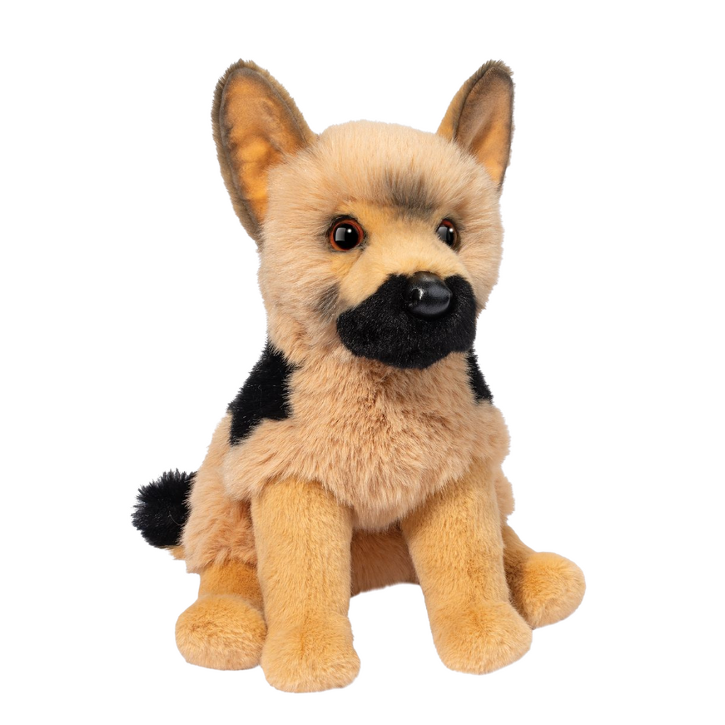 Plush toy resembling a German Shepherd dog on a white background