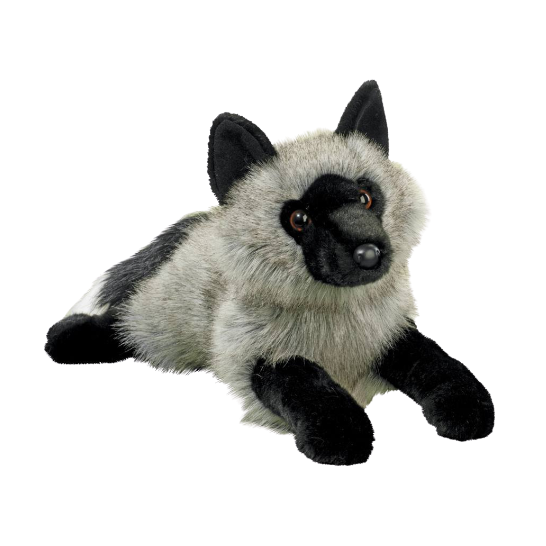 Plush toy of a silver fox on a white background
