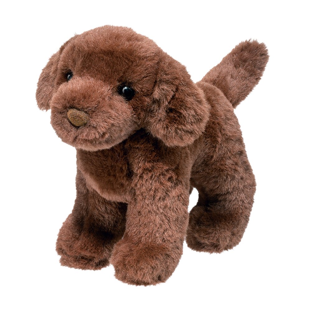 Brown plush dog toy on a white background