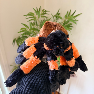 A plush spider toy with black and orange striped legs and a brown furry body, being held up by a person wearing a dark ribbed sweater in front of a potted green plant.