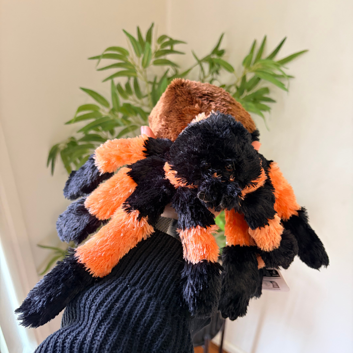 A plush spider toy with black and orange striped legs and a brown furry body, being held up by a person wearing a dark ribbed sweater in front of a potted green plant.