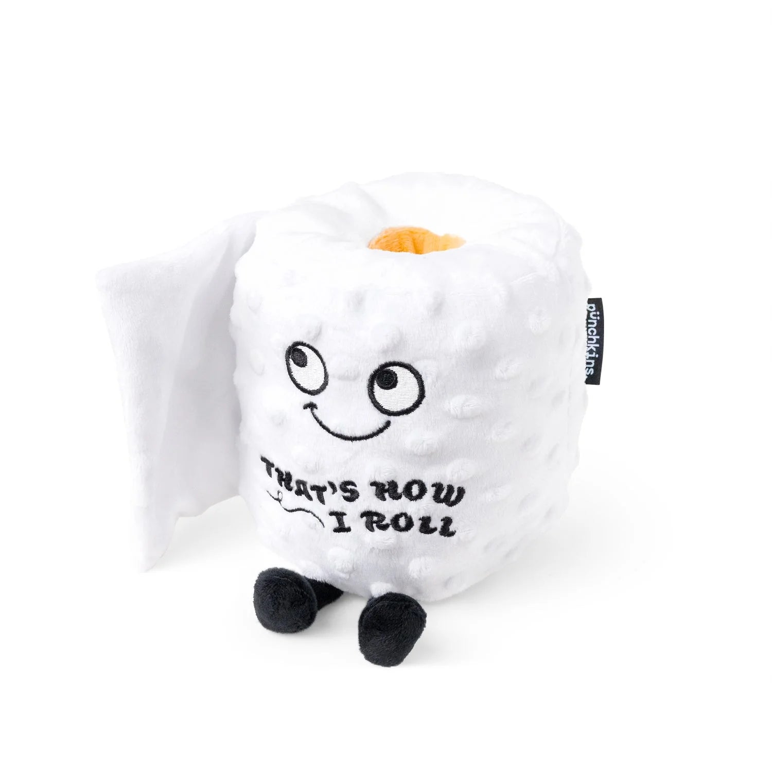 White plush toy with a smiley face and text on a white background