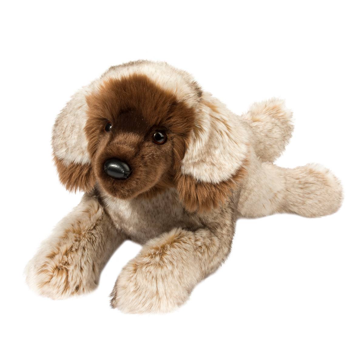 Plush dog toy with brown and beige fur on a white background