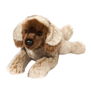 Plush dog toy with brown and beige fur on a white background