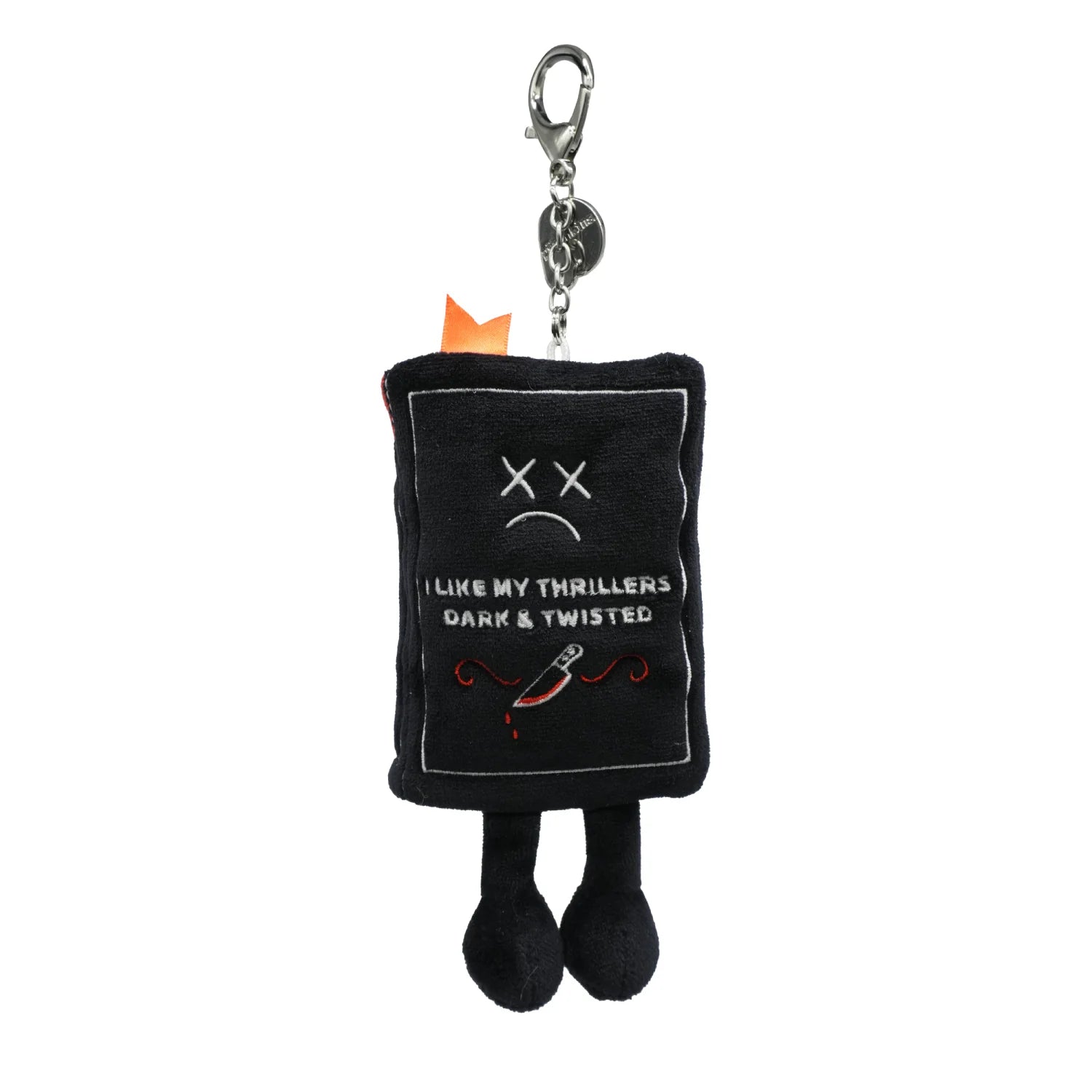 Black plush keychain with text and a knife graphic on a white background