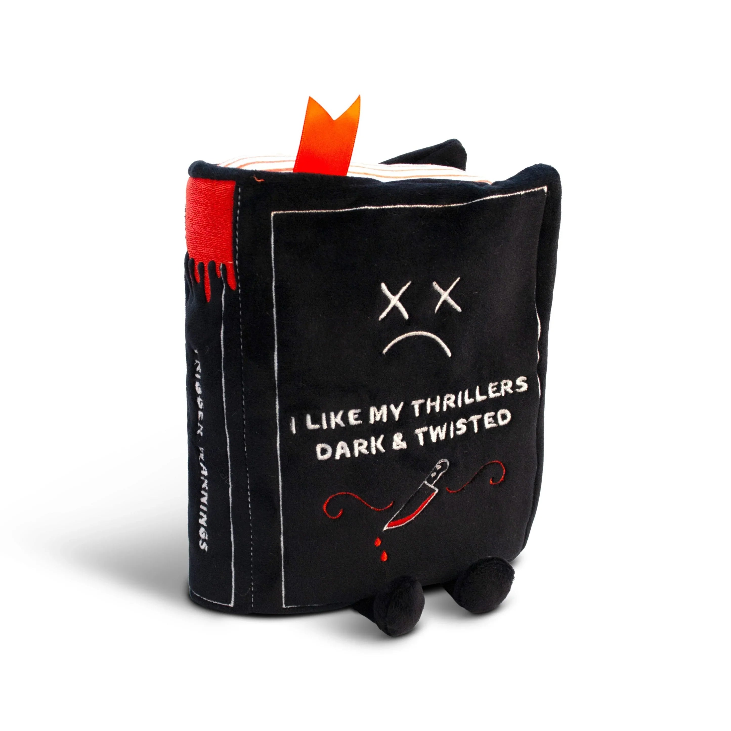 Book-shaped pillow with a knife design and text on a white background