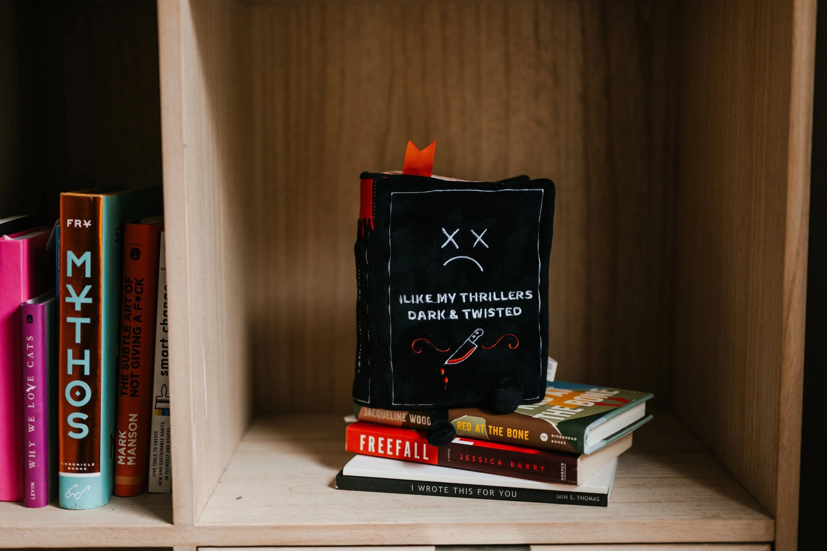 Stack of books with a plush toy resembling a face on a wooden shelf