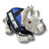 Triceratops Plushies wearing an emotional support vest in blue. ESSA Gear. Dinosaur Plush.