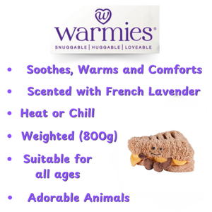 Warmies product with features listed on a white background