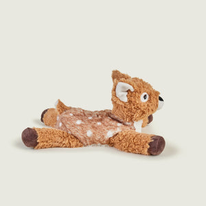 A plush stuffed toy shaped like a deer or fawn, lying on its side. The toy is made of soft brown plush fabric with white spots, dark brown hooves and tail, and small white inner ears and muzzle.