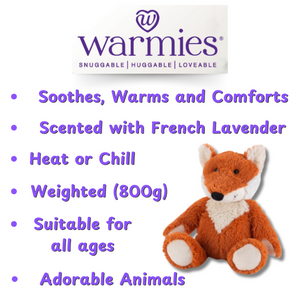 Fox plushie - Warmies brand - weighted, lavender scented heat bag - instructions