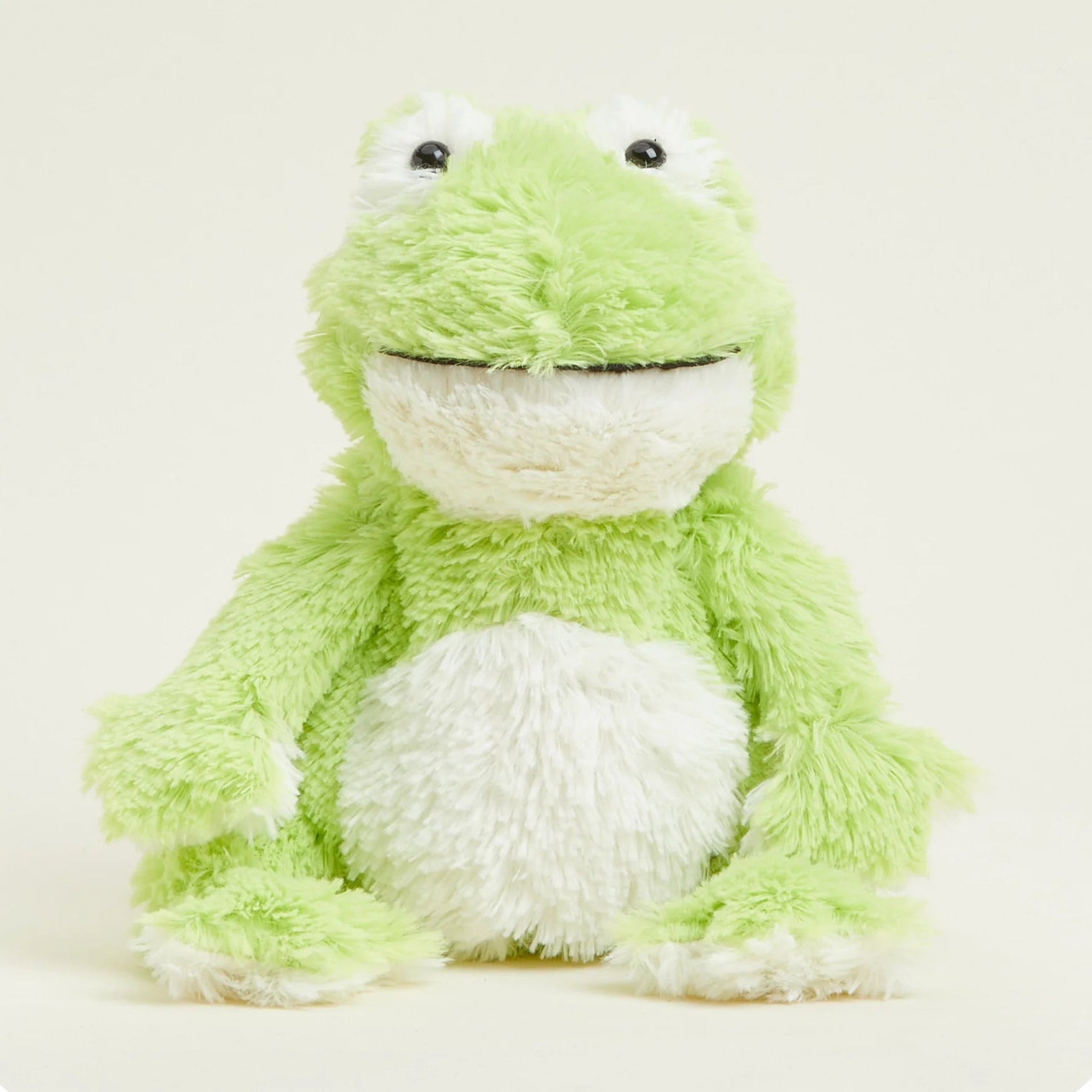 Green plush frog toy on a white background