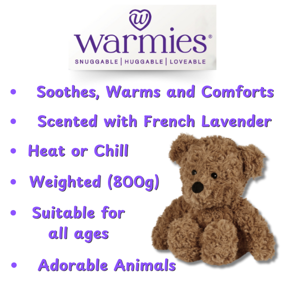 Bear plushie - Warmies brand - weighted, lavender scented heat bag - instructions