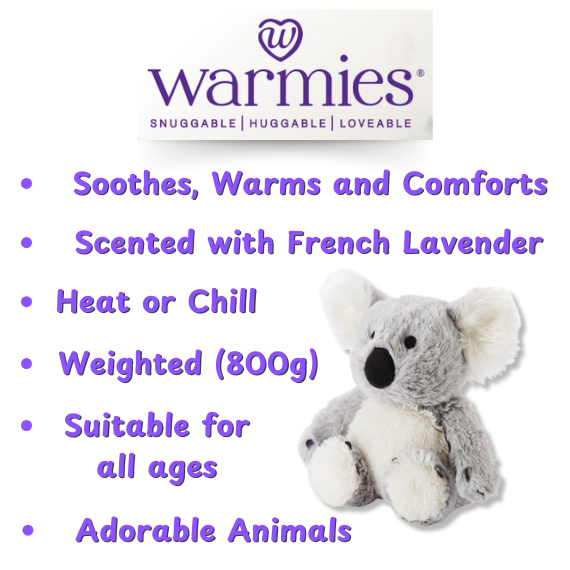 Koala plushie - Warmies brand - weighted, lavender scented heat bag - instructions