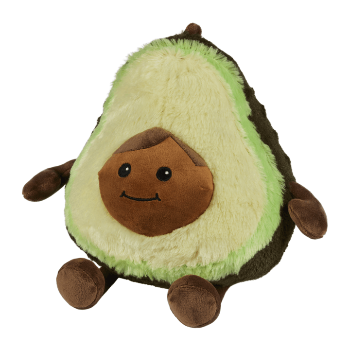 A plush avocado toy with a soft fuzzy texture, featuring a cream-colored flesh interior, dark brown outer skin, a brown seed on the face, and small brown arms and legs, shown against a plain white background.