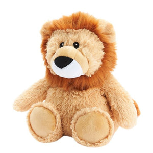 A plush lion toy with a golden-brown mane, tan body, and white muzzle, photographed against a plain white background.