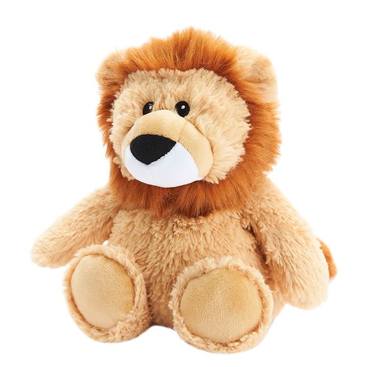 A plush lion toy with a golden-brown mane, tan body, and white muzzle, photographed against a plain white background.