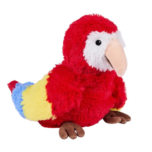 Plush parrot toy with red, yellow, and blue feathers on a white background