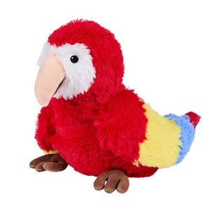 Plush parrot toy with red body, yellow wings, and blue tail on a white background