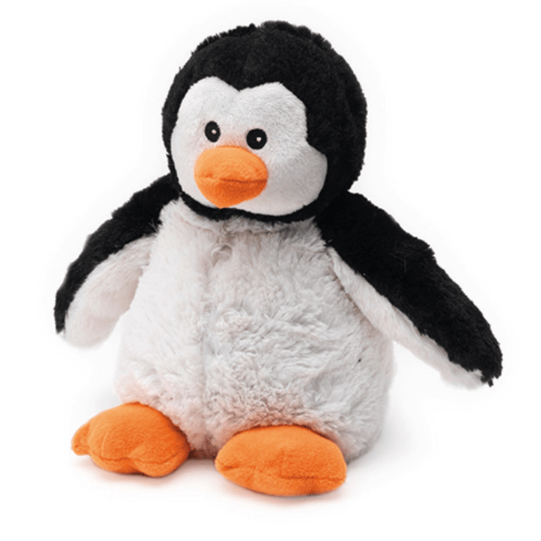 Plush penguin toy with black, white, and orange colors on a white background