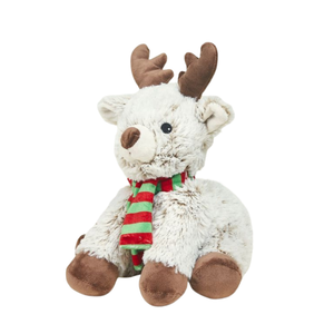 A plush stuffed reindeer toy with brown antlers and hooves, a cream-colored body, and a red and green striped scarf, photographed on a plain white background.