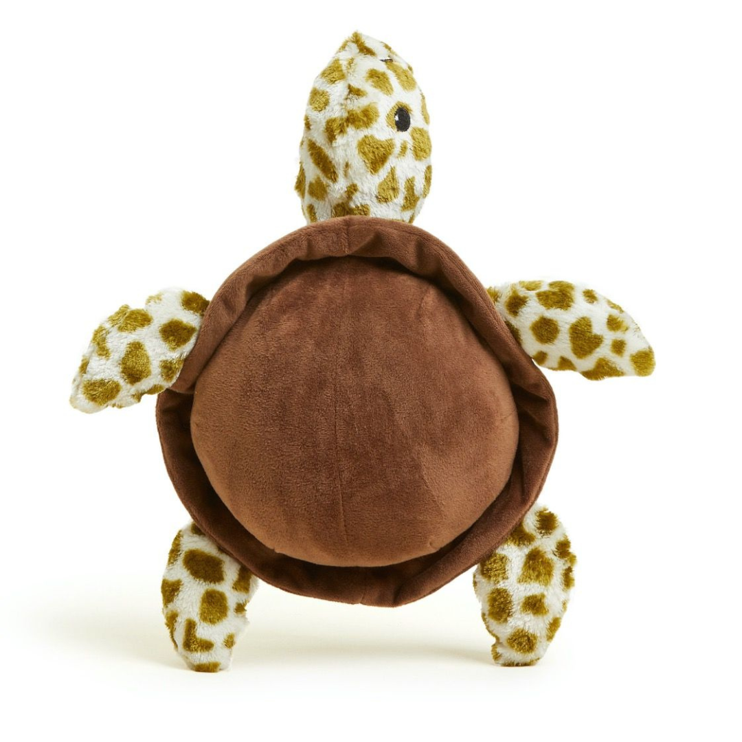Plush turtle toy with brown shell and spotted limbs on a white background